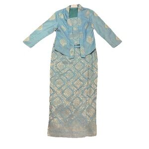 Thai Laos Set Traditional Blue Skirt And Blouse Women's Sz 2 Ratianah Singapore